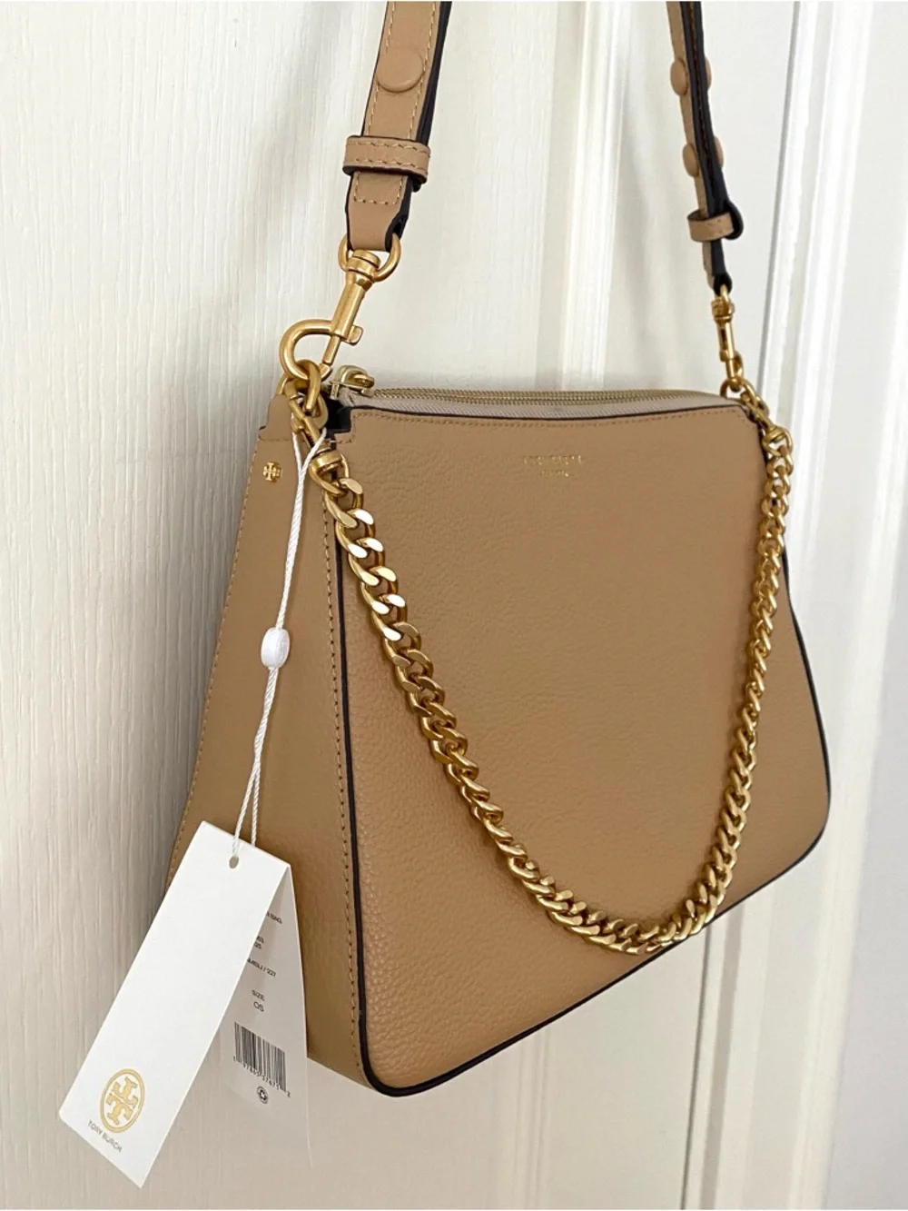 $400 NWT Tory Burch Perry Brown Tan Pebble Leather Gold Chain Strap Shoulder Bag